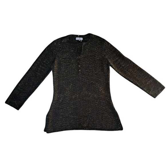 Peruvian Connection‎ Sweater Women's Large Open Knit Black Brown Henley V Neck - Picture 1 of 9